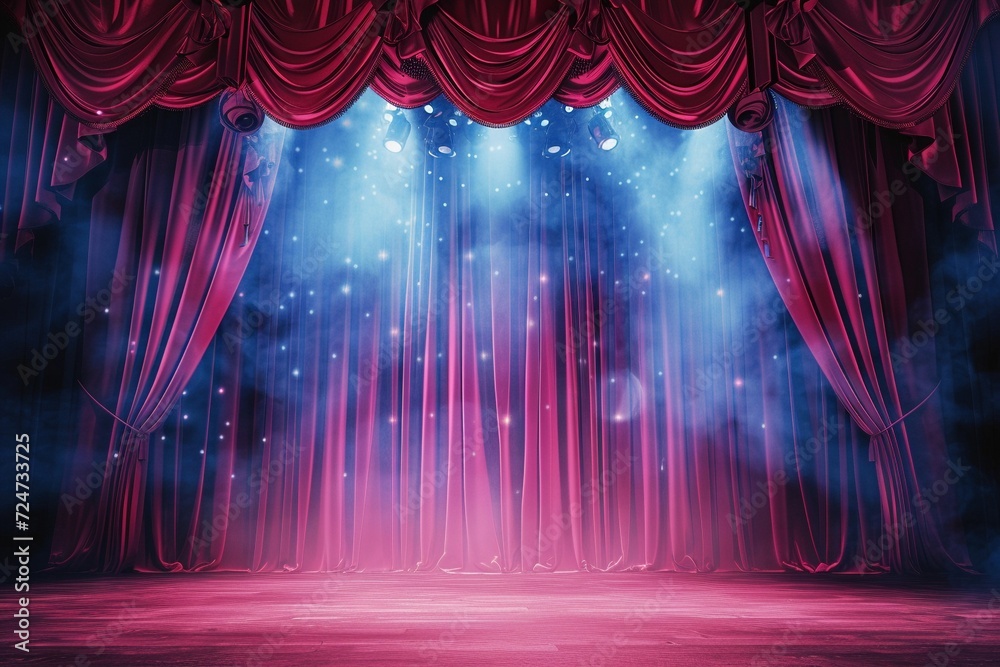 Dramatic Red Curtain Spectacle: Step onto a dramatic theater stage enveloped in vibrant red curtains, accentuated by a mesmerizing show spotlight that sets the scene for an unforgettable performance - obrazy, fototapety, plakaty 