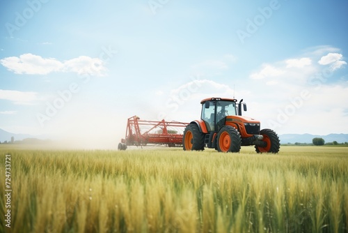 a tractor with a sprayer wetting hay field photo