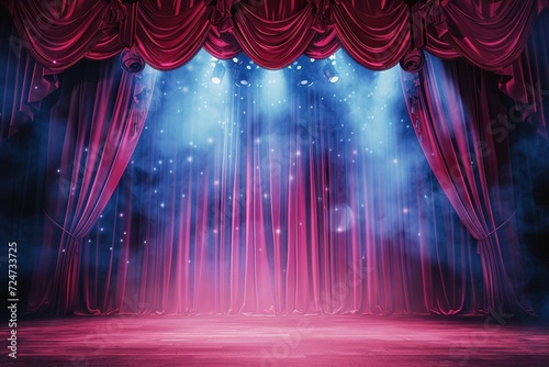 Dramatic Red Curtain Spectacle: Step onto a dramatic theater stage enveloped in vibrant red curtains, accentuated by a mesmerizing show spotlight that sets the scene for an unforgettable performance