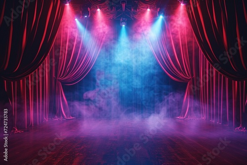 Dramatic Red Curtain Spectacle: Step onto a dramatic theater stage enveloped in vibrant red curtains, accentuated by a mesmerizing show spotlight that sets the scene for an unforgettable performance photo