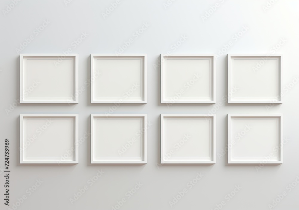 Empty white picture frames displayed against a white indoor wall, serving as a template or mock-up background. Empty white picture frames displayed against a white indoor wall, serving as a template or mock-up background.