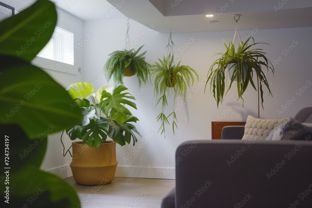 indoor plants and modern decor adorning a basement apartment living area