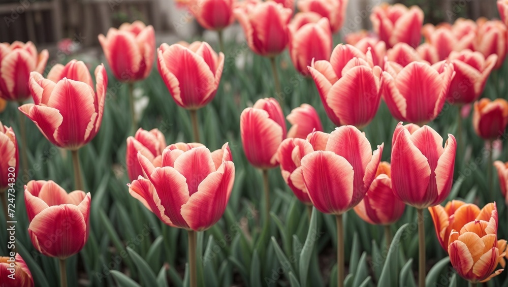Spring garden blossoms with vibrant tulips in a colorful display of red, pink, purple, and yellow hues, creating a beautiful floral scene