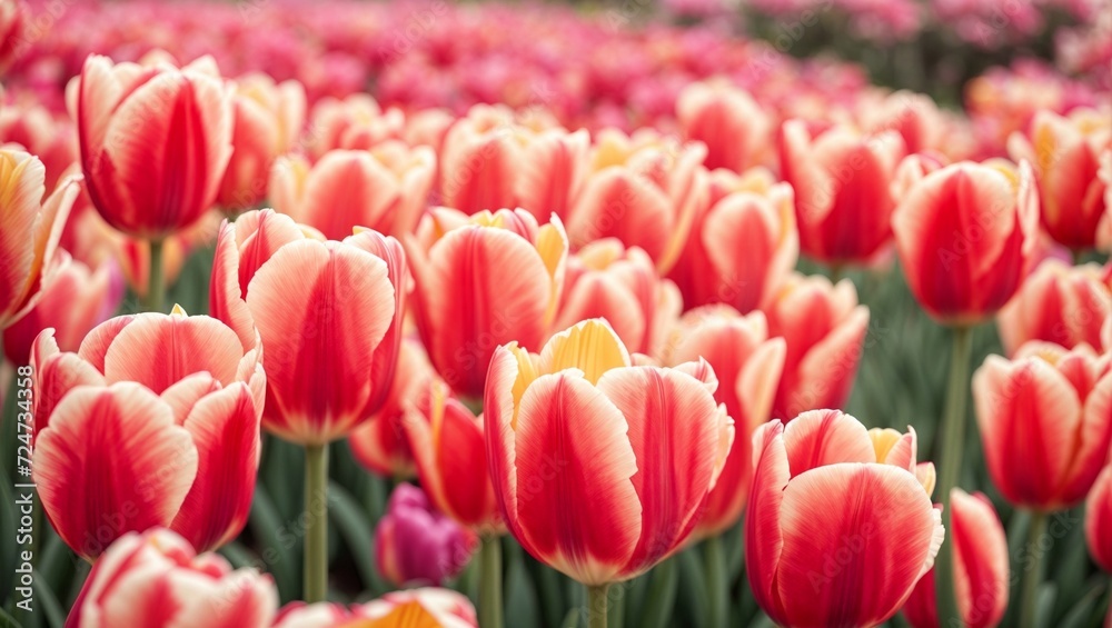 Spring garden blossoms with vibrant tulips in a colorful display of red, pink, purple, and yellow hues, creating a beautiful floral scene Spring garden blossoms with vibrant tulips in a colorful display of red, pink, purple, and yellow hues, creating a beautiful floral scene