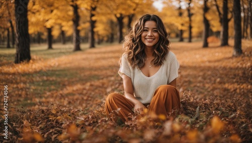 A woman enjoying nature in a park during autumn, sitting on the grass