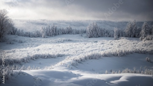 Winter Wonderland: A scenic landscape featuring snow-covered trees, icy roads, and a frosty forest under a blue sky, creating a serene and picturesque winter scene © Joesunt