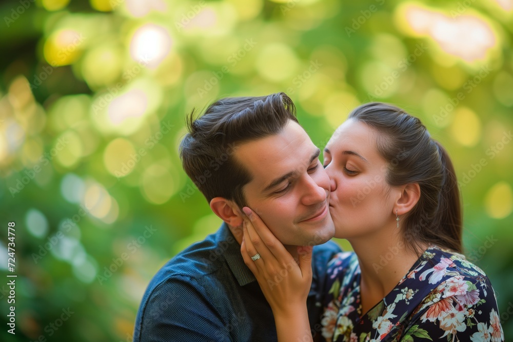 woman with floral dress kissing mans cheek, blurred green garden background woman with floral dress kissing mans cheek, blurred green garden background