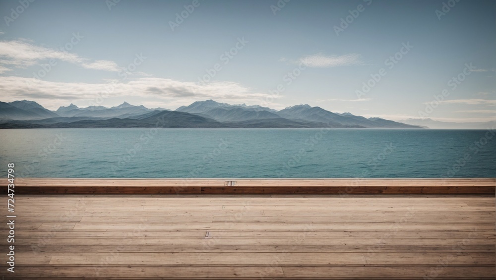 Wooden Table with Mountain View by the Lake under Summer Sky