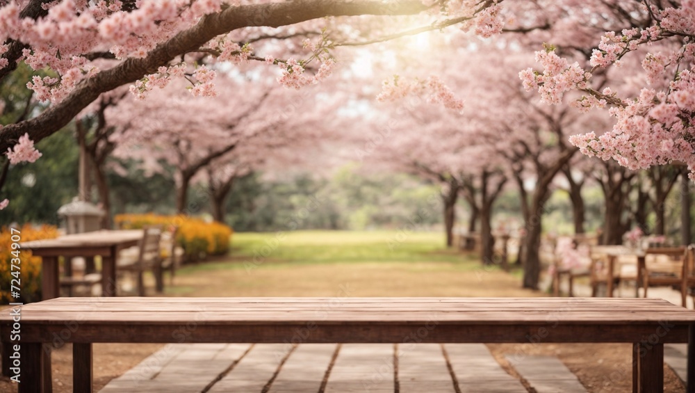 Bench surrounded by blooming cherry trees in a vibrant park during springBench surrounded by blooming cherry trees in a vibrant park during spring