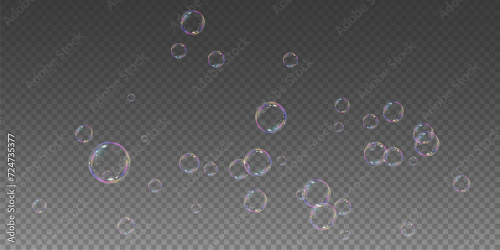 Realistic soap vector bubbles png isolated on transparent background. The effect of falling and flying bubbles. Glass bubble effect.	