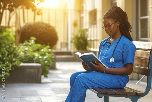 healthcare worker reading a book on a sunny courtyard bench