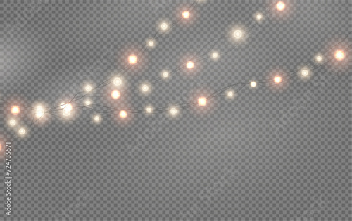 Christmas garland isolated on transparent background. Glowing colorful light bulbs with sparkles.Xmas, New Year, wedding or Birthday decor. Party event decoration. Winter holiday season element.