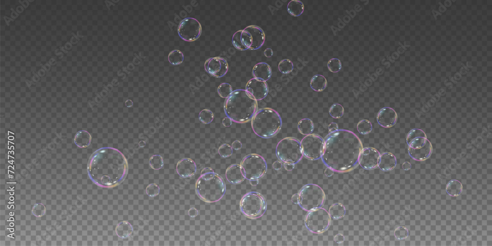 Realistic soap vector bubbles png isolated on transparent background. The effect of falling and flying bubbles. Glass bubble effect.	
