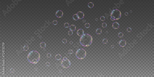 Realistic soap vector bubbles png isolated on transparent background. The effect of falling and flying bubbles. Glass bubble effect. 