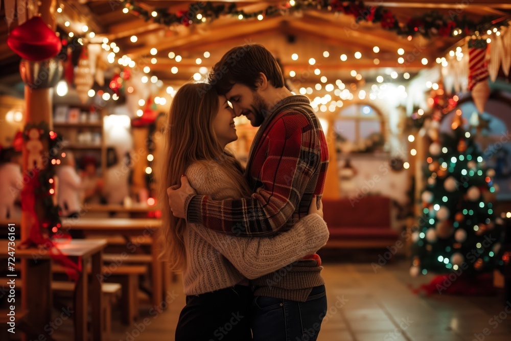 couple dancing closely in a festively decorated hall