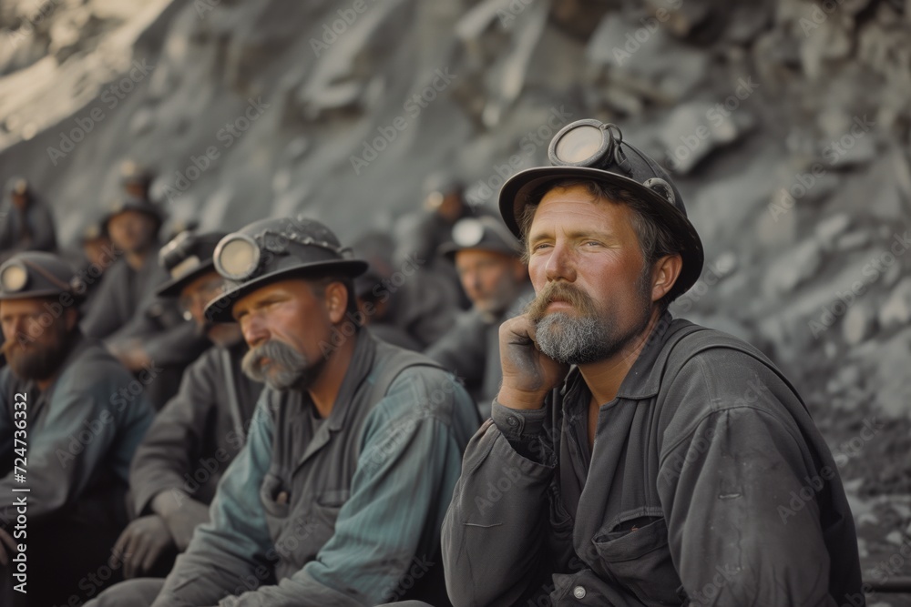 group of miners resting during break time group of miners resting during break time