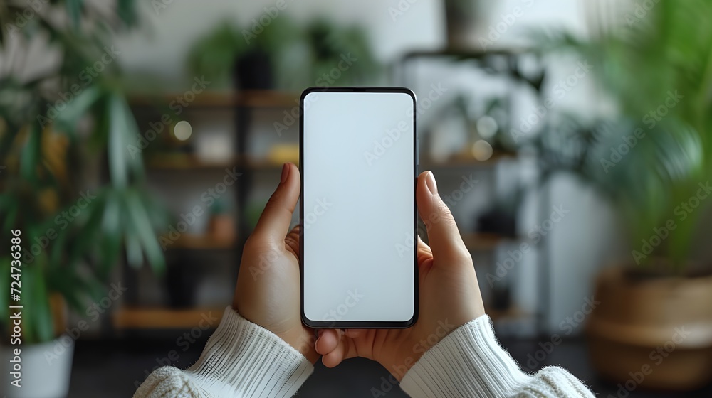 Naklejka premium Happy young woman holding mobile smartphone with blank white screen background