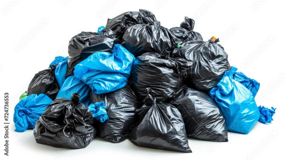 Big pile of garbage in black blue trash bags isolated on white background. Ecology concept. Pollution environment disaster.   
