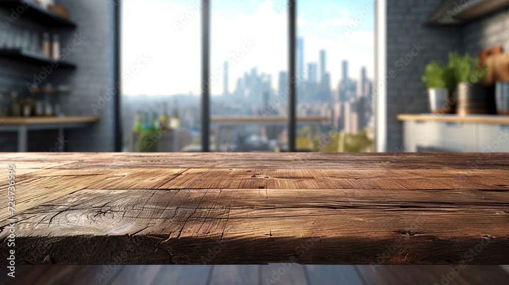 Wood bar top with blue sky over a kitchen, in the style of rustic scenes