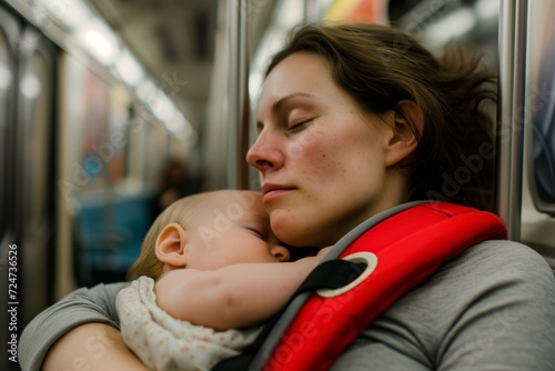 mother dozing with baby carrier on her chest in a metro