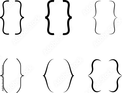 Curly braces, double symmetric brackets. Vector Typography symbols pair, frames for punctuation, maths, elements sign for text quote, mathematics.