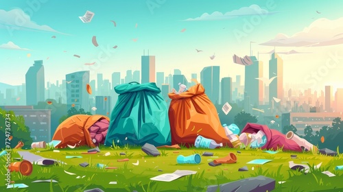 City trash bag. Rotting garbage in waste bag or street dustbins, full can bin pile rubbish accumulation dumpster overflow dump dirty food, cartoon trashcan neat vector illustration of waste garbage   