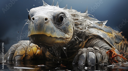 Close-up of a wet turtle jumping out of the water. Focus on the animal's eyes. Blue background.