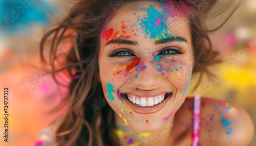 Cheerful young woman covered in rainbow powders celebrating holi festival