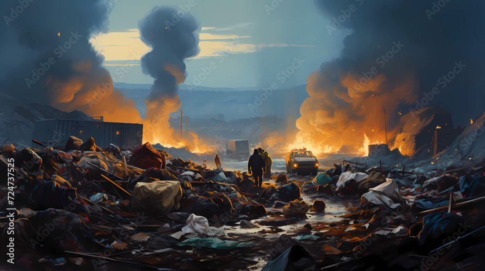 Garbage landfill. Dumping a large amount of garbage. Bonfire in a landfill. The concept of pollution of the environment, planet. Ecological problem. cartoon - obrazy, fototapety, plakaty 