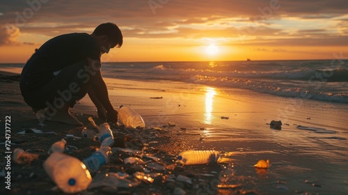 Man collecting trash and cleaning beach at sunset 