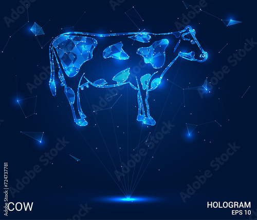 A hologram of a cow. A cow made of polygons, triangles of dots and lines. Cow low-poly compound structure. Technology concept vector.