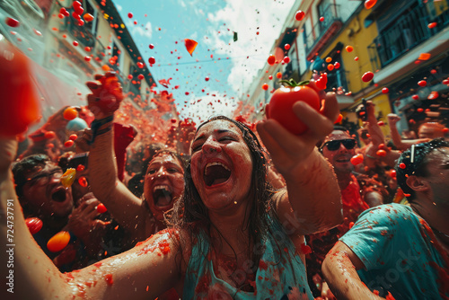 La Tomatina Festival: A Colorful and Messy Celebration of Spanish Tradition and Culture.Spain's Famous Tomato Fight Festival  photo