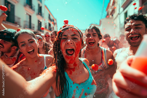 La Tomatina Festival: A Colorful and Messy Celebration of Spanish Tradition and Culture.Spain's Famous Tomato Fight Festival  photo