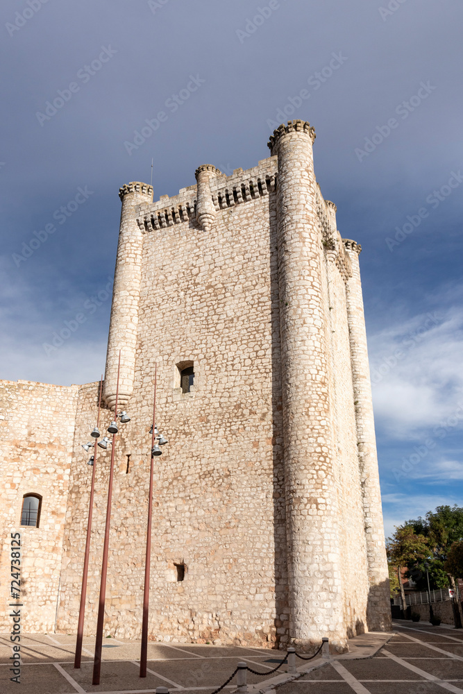 a historic stone castle with tall towers under a blue sky, surrounded by modern street lamps