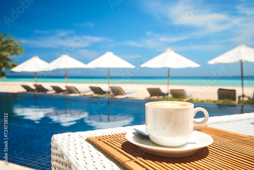 Coffee cup on a table in a restaurant on the beach against the backdrop of a swimming pool and beach umbrellas on a summer day. Focus on the table with a coffee cup.