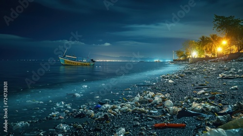 Trash on beach at night, Legazpi City, Albay Province, Philippines    photo