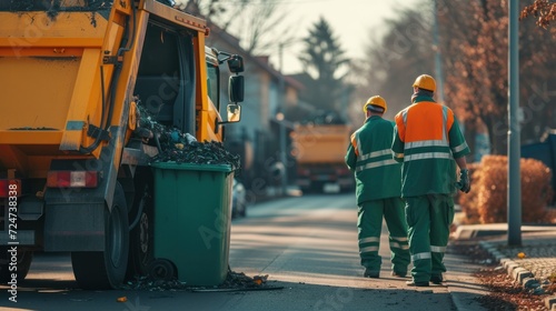 Two garbage men working together on emptying dustbins for trash removal with truck loading waste and trash bin.    photo