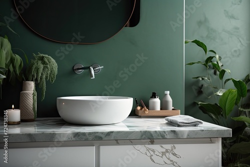 A realistic close up of a white vanity unit countertop with a ceramic wash basin and faucet  decorative plants  and a space for items overlay tiles on a green wall in the distance. mockup  void  Bathr