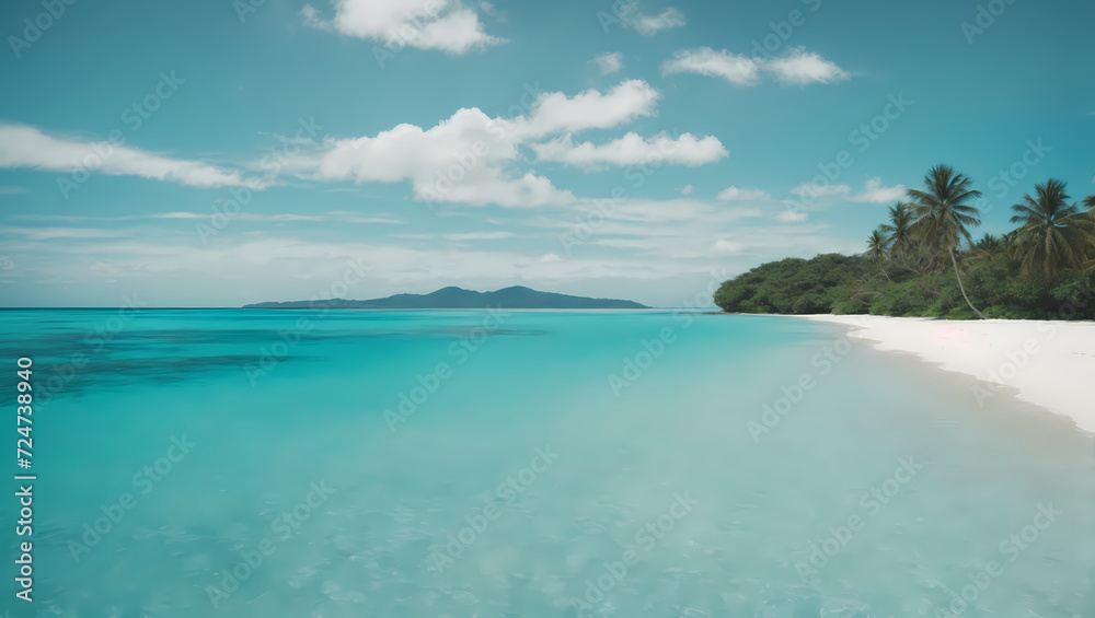 Turquoise Tranquility Panoramic capture of a serene tropical beach, where the clear sky seamlessly blends with the tranquil turquoise waters.