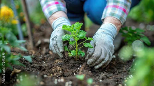 close-up, a gardener plants a plant seedling in the ground, hands in gloves