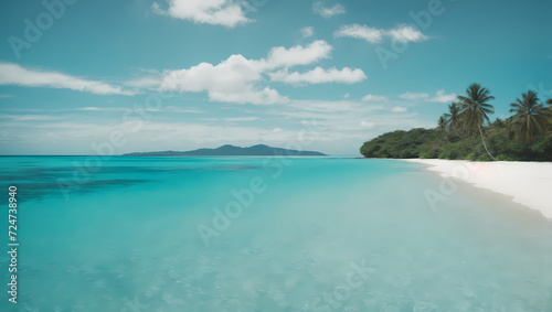 Turquoise Tranquility Panoramic capture of a serene tropical beach, where the clear sky seamlessly blends with the tranquil turquoise waters.