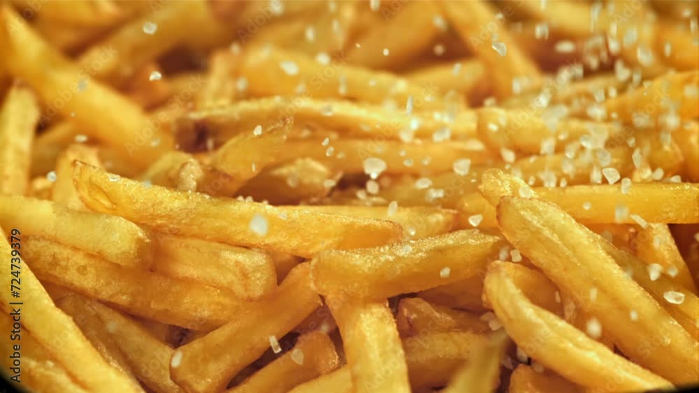 Salt falls on the french fries. Filmed on a high-speed camera at 1000 fps. High quality FullHD footage Salt falls on the french fries. Filmed on a high-speed camera at 1000 fps. High quality FullHD footage