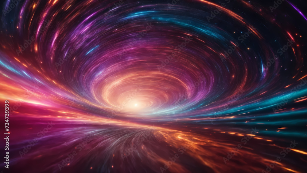 Warp speed in a celestial tunnel, swirling nebulae, and intense streaks of colorful light. Futuristic space warp background for cosmic exploration.