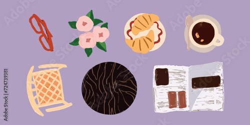 Vector hand painted French cafe top view flat lay illustration with coffee, croissant and newspaper. Cute flat simple hand drawn icon collection
