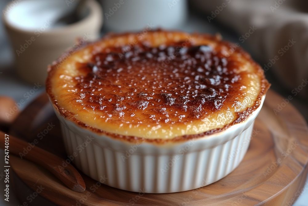 Creme brulee, French dessert consisting of a rich custard base topped with a contrasting layer of hard caramel, usually created by using a torch. Creme brulee, French dessert consisting of a rich custard base topped with a contrasting layer of hard caramel, usually created by using a torch.