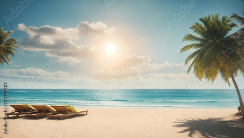 Endless Summer Skyline Panoramic vista of a sun-soaked tropical beach, where the horizon stretches endlessly, merging the celestial sky with the endless sea. © xKas
