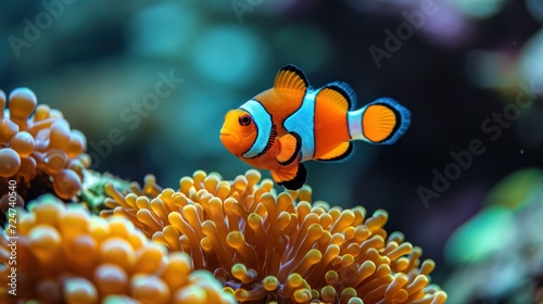  an orange and blue clownfish on a coral in a sea anemone with other sea anemones in the background and a black and white sea anemone in the foreground.