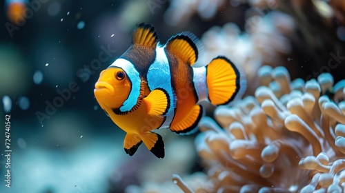  a close up of a clownfish on a coral with anemone in the foreground and anemone in the foreground, with other corals in the background.