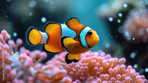  an orange and blue clown fish swimming in an aquarium with corals and other corals on the bottom of the water and on the bottom of the picture is anemone. © Shanti