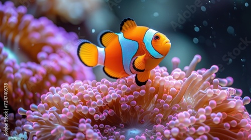 a close up of a clownfish on a coral with other corals in the background and water droplets on the bottom of the coral and bottom of the picture. © Shanti